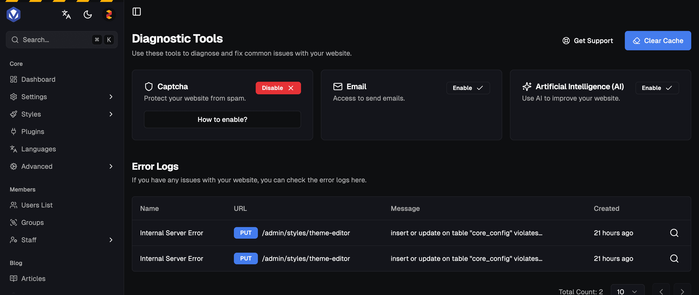 Diagnostic Tools page in AdminCP