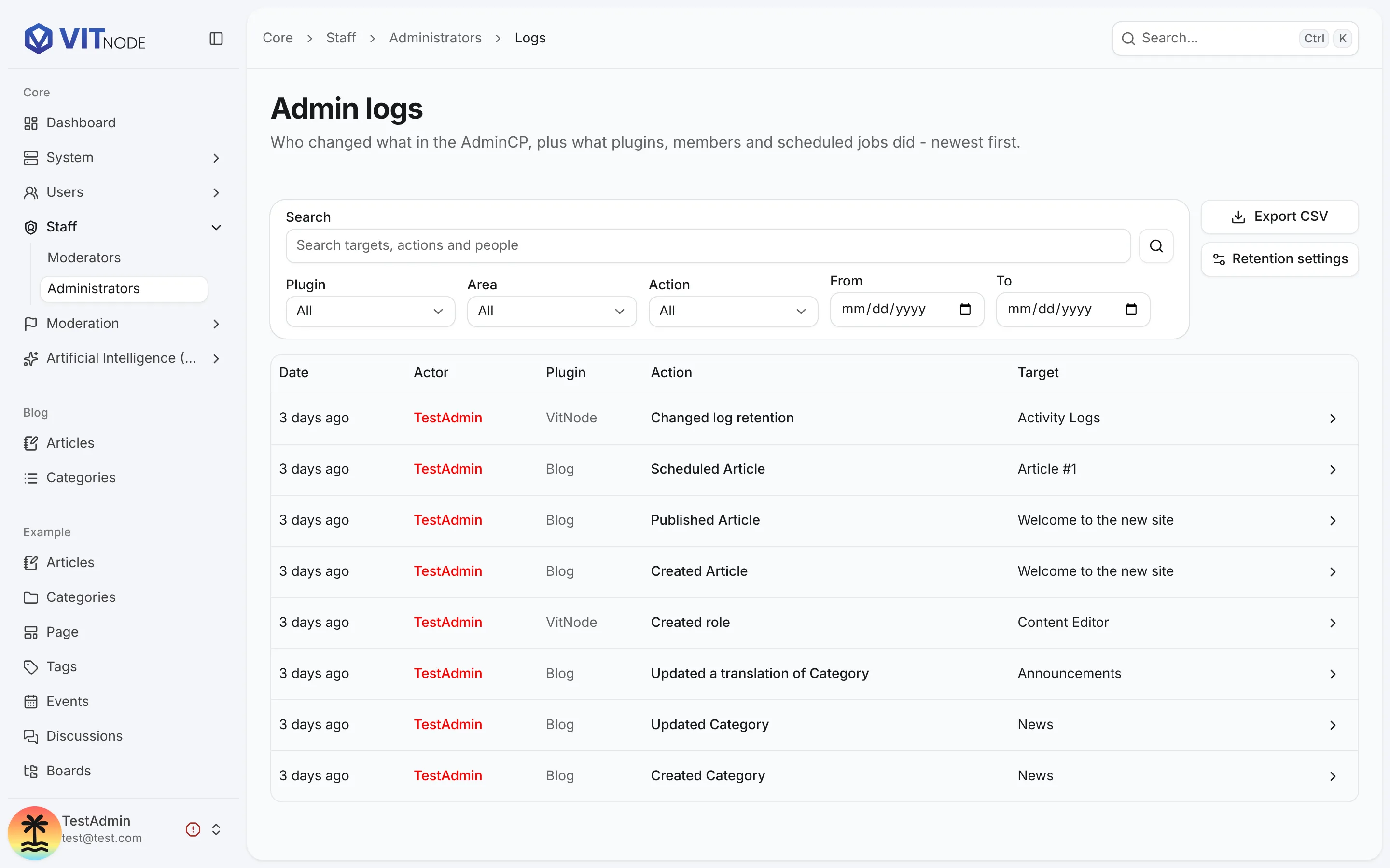 Admin logs page in AdminCP Staff with search, plugin, area, action and date filters, Export CSV and Retention settings buttons, and a table of entries showing date, actor, plugin, action and target