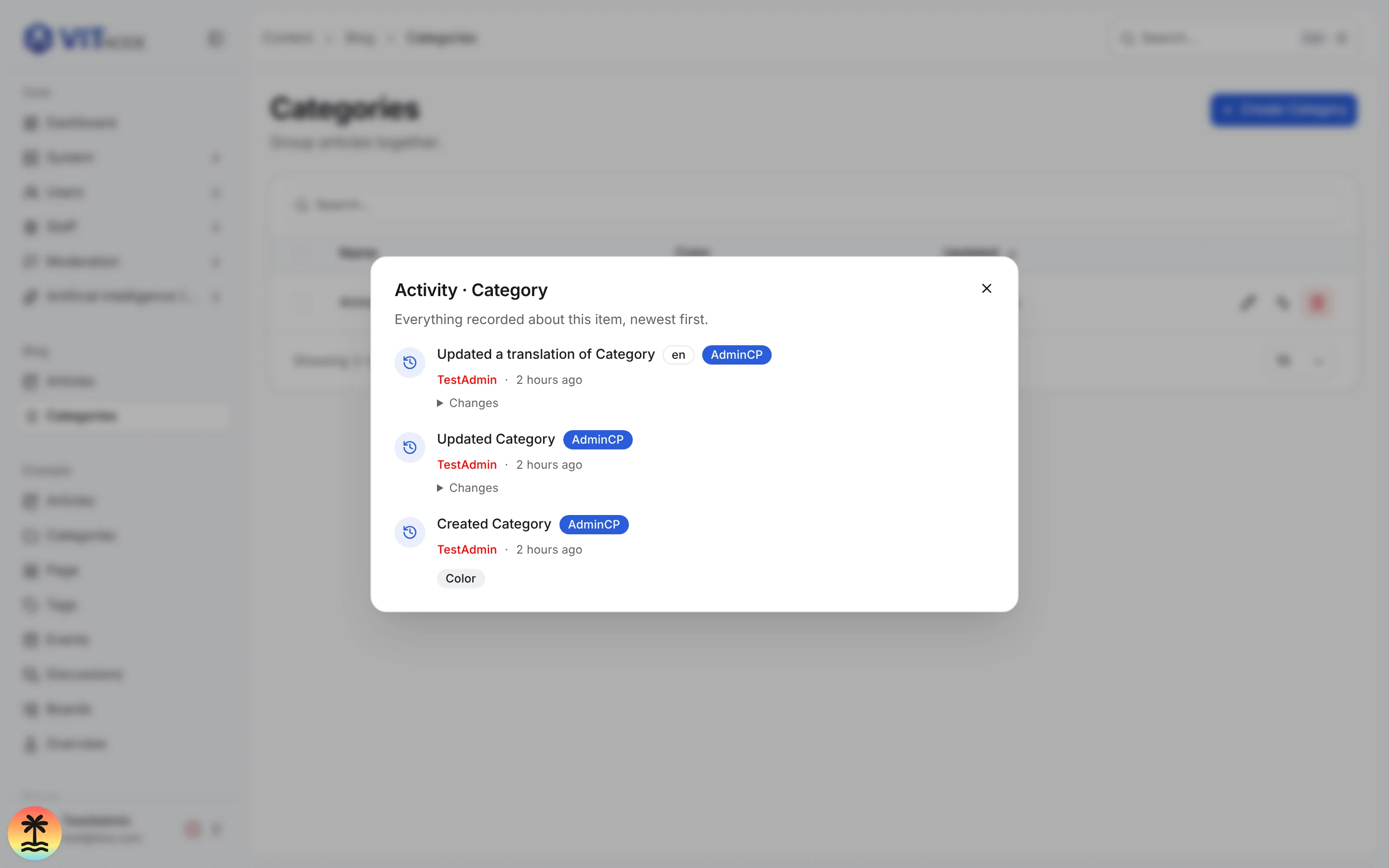 Activity dialog of a blog category listing Updated a translation of Category with an en badge, Updated Category and Created Category, each with its actor, AdminCP area and time, expandable changes on the updates and the Color field named on the creation