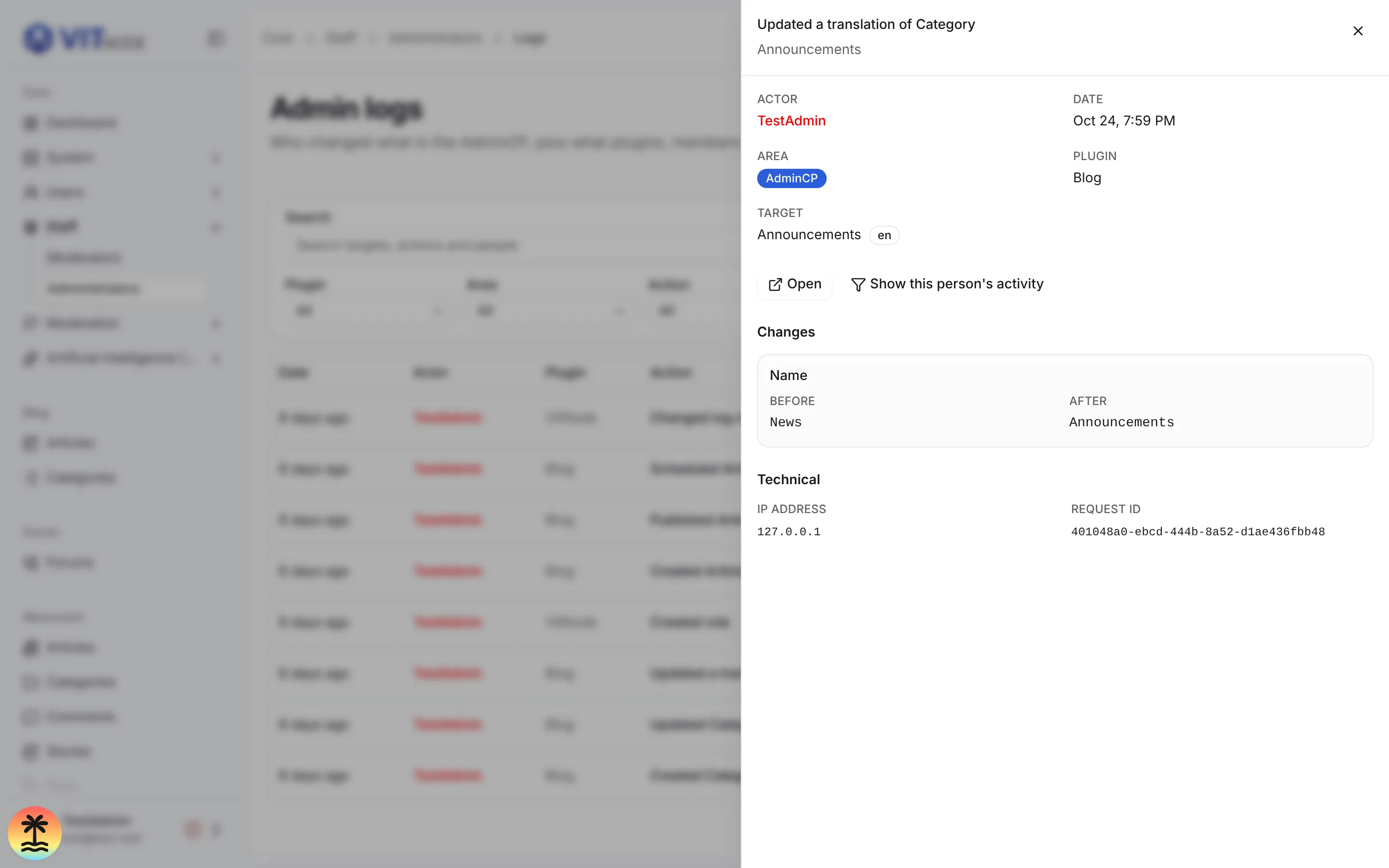 Detail sheet of an Updated a translation of Category entry, showing the actor, date, AdminCP area, Blog plugin, the Announcements target, the Name field changing from News to Announcements and the technical IP address and request id