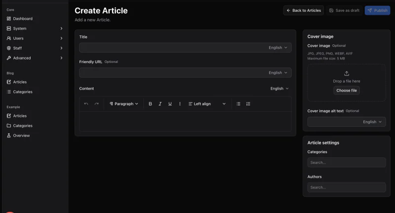 VitNode Content editor screen