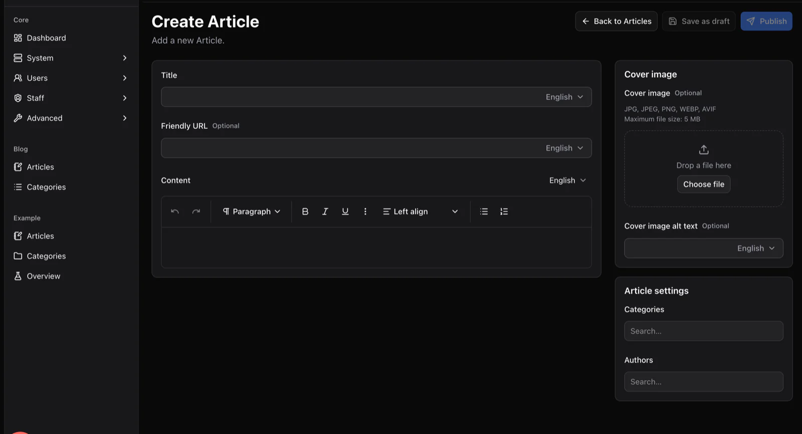 The Create Article screen generated by the Content Engine, with title, friendly URL and rich text fields that each have a language selector, plus cover image and settings panels.