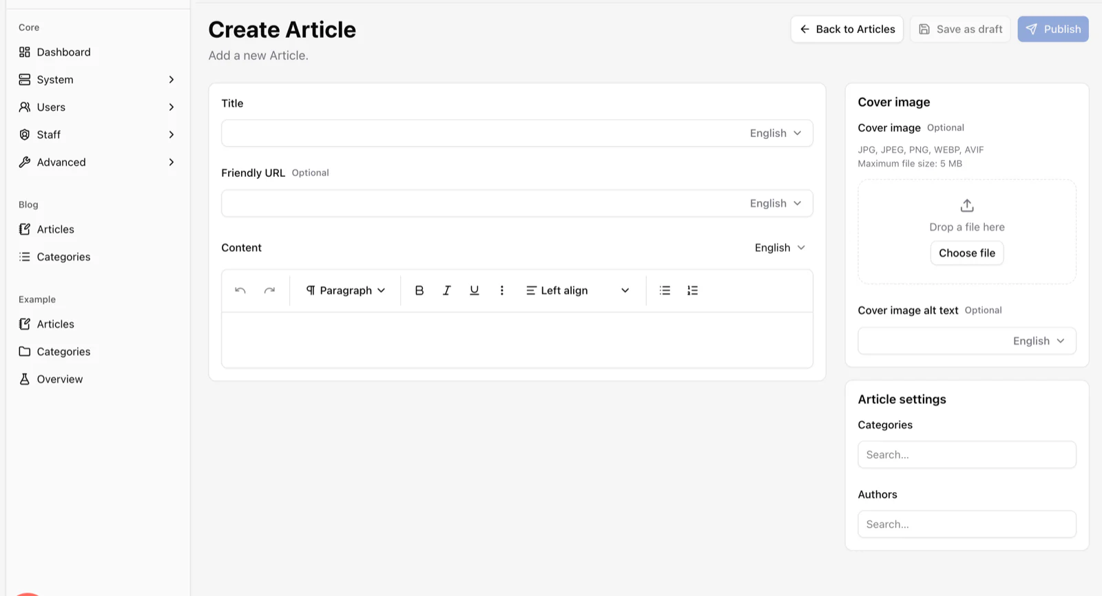 The Create Article screen generated by the Content Engine, with title, friendly URL and rich text fields that each have a language selector, plus cover image and settings panels.