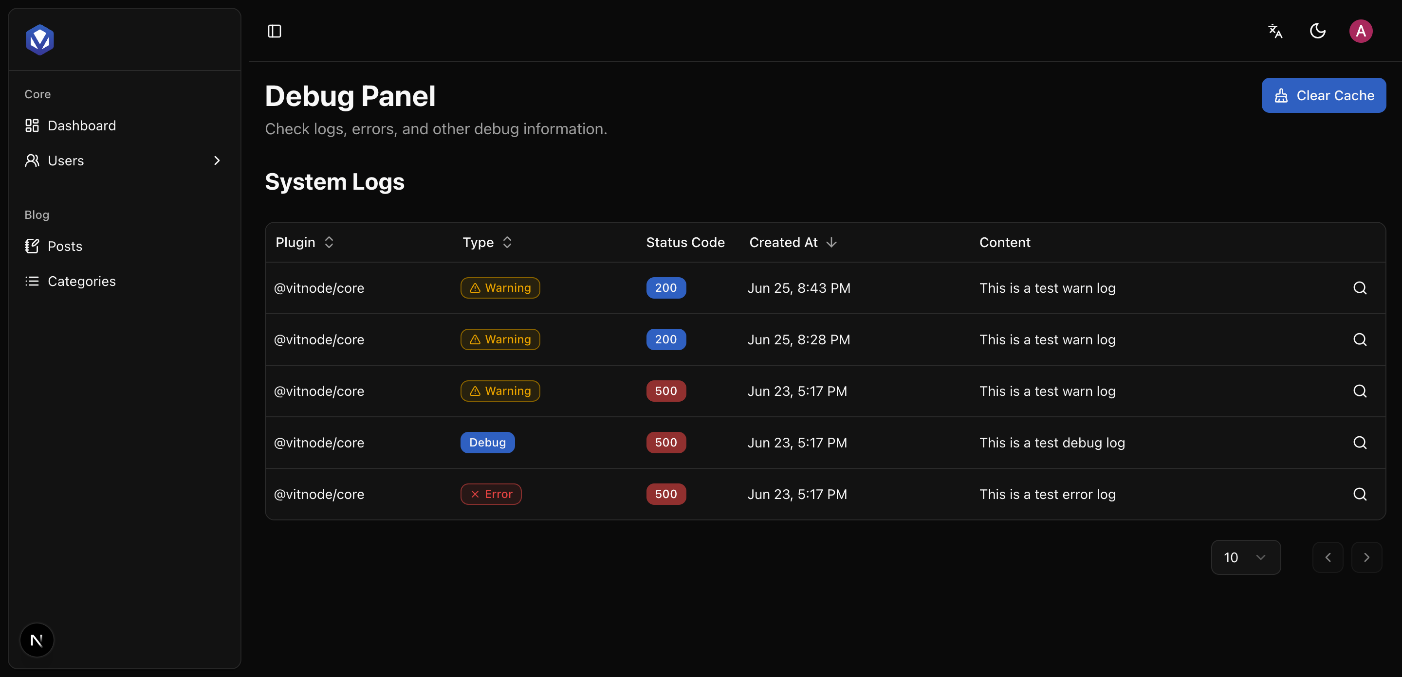 The VitNode Admin Control Panel, showing the debug screen alongside the sidebar of management sections.