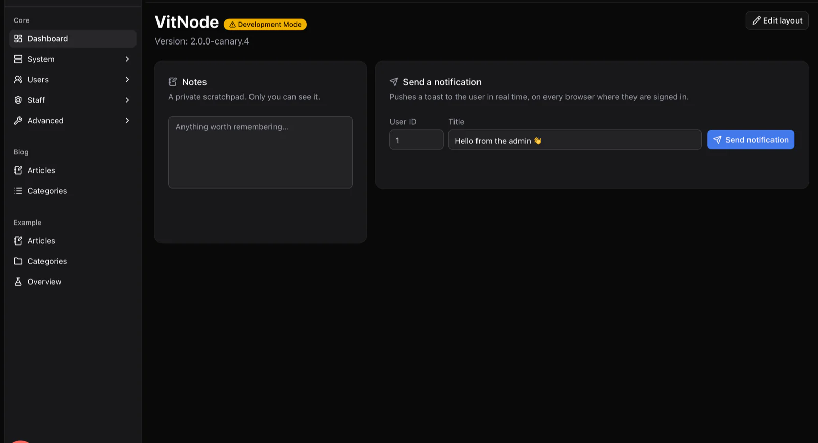 The AdminCP dashboard with a sidebar listing Core, Blog and Example plugin sections, a private notes widget and a send-notification widget.