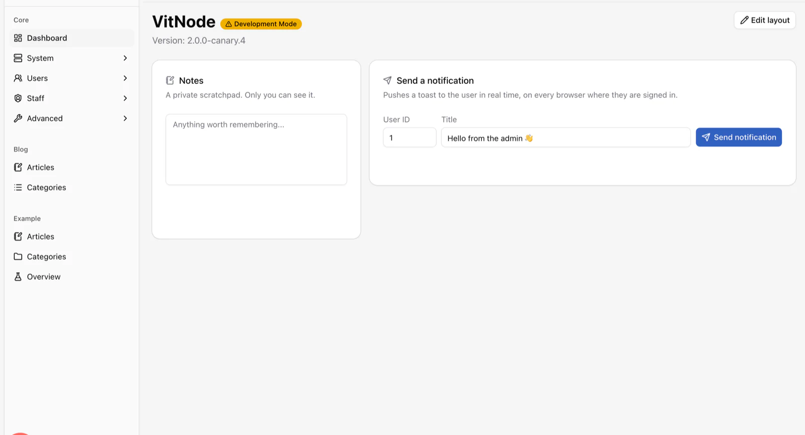 The AdminCP dashboard with a sidebar listing Core, Blog and Example plugin sections, a private notes widget and a send-notification widget.