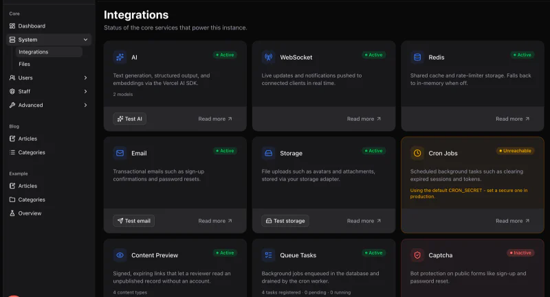 VitNode Integrations screen