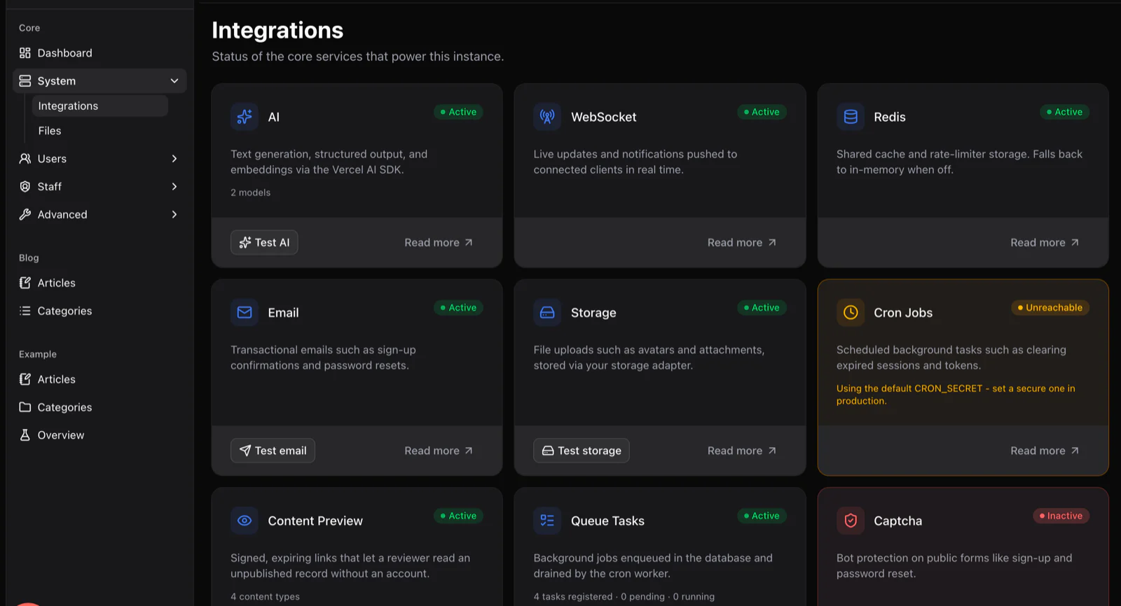 The Integrations screen showing status cards for AI, WebSocket, Redis, email, storage, cron jobs, content preview and queue tasks.