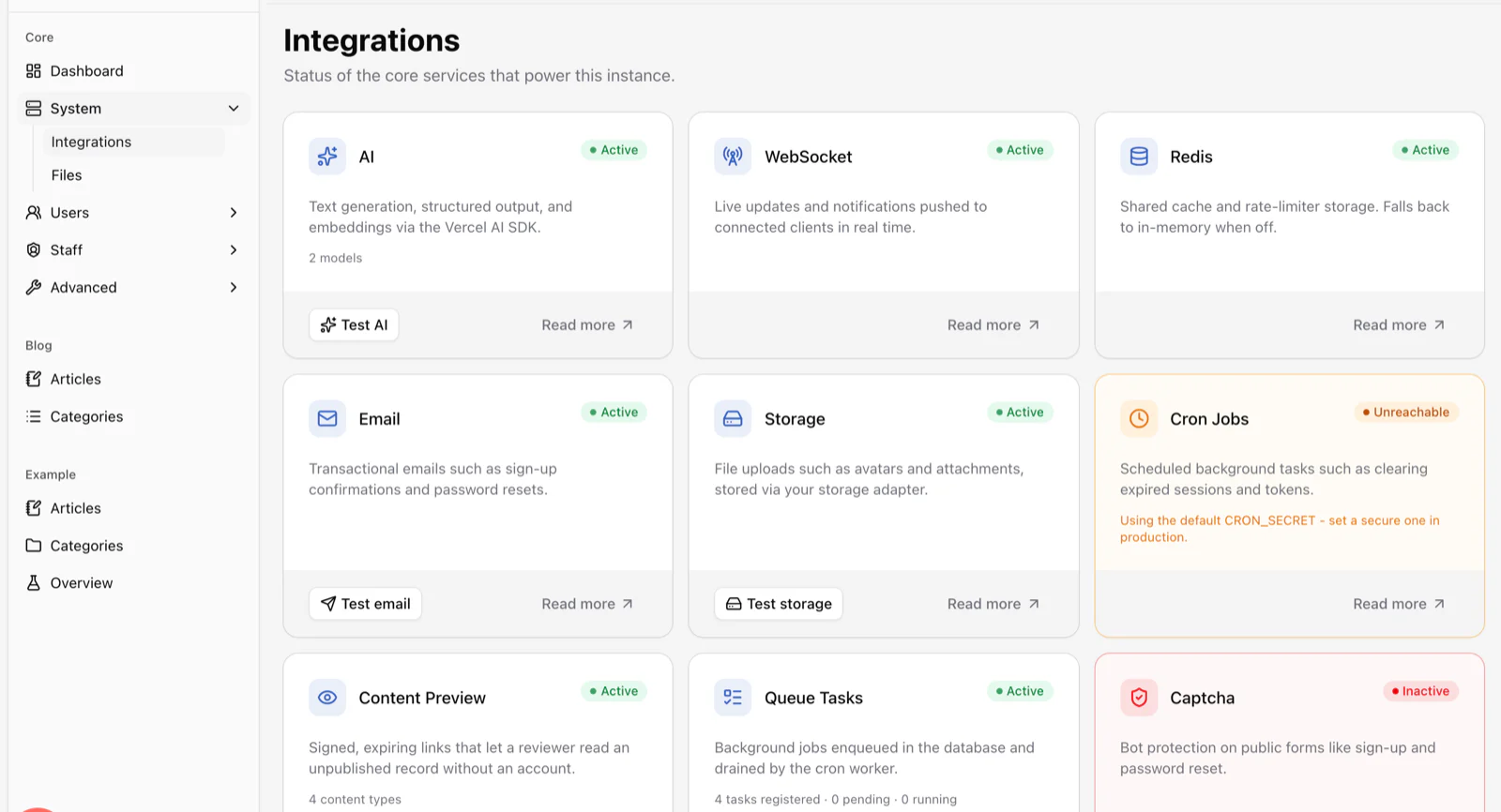 The Integrations screen showing status cards for AI, WebSocket, Redis, email, storage, cron jobs, content preview and queue tasks.
