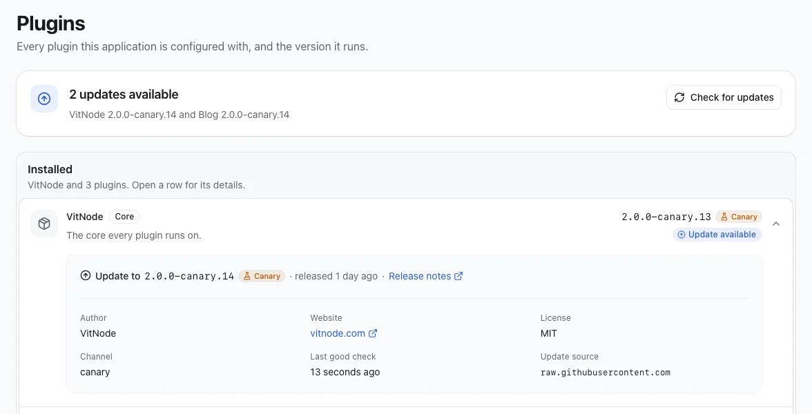 System ā Plugins page: a status card says updates are available; the opened VitNode row shows Update to 2.0.0-canary.14 with a Canary tag and release notes link, then the author, website, license, channel, last good check and update source