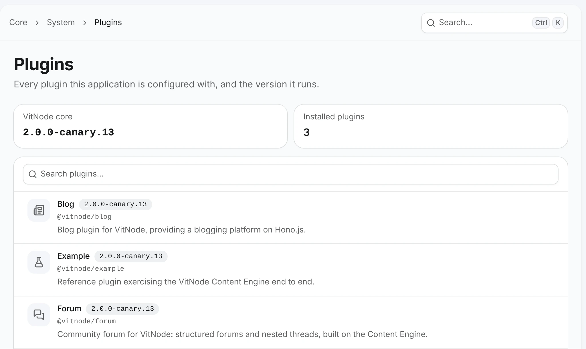 System → Plugins page showing the VitNode core version, a plugin count of 3, a search field and the Blog, Example and Forum plugins with their icons, versions, package IDs and descriptions