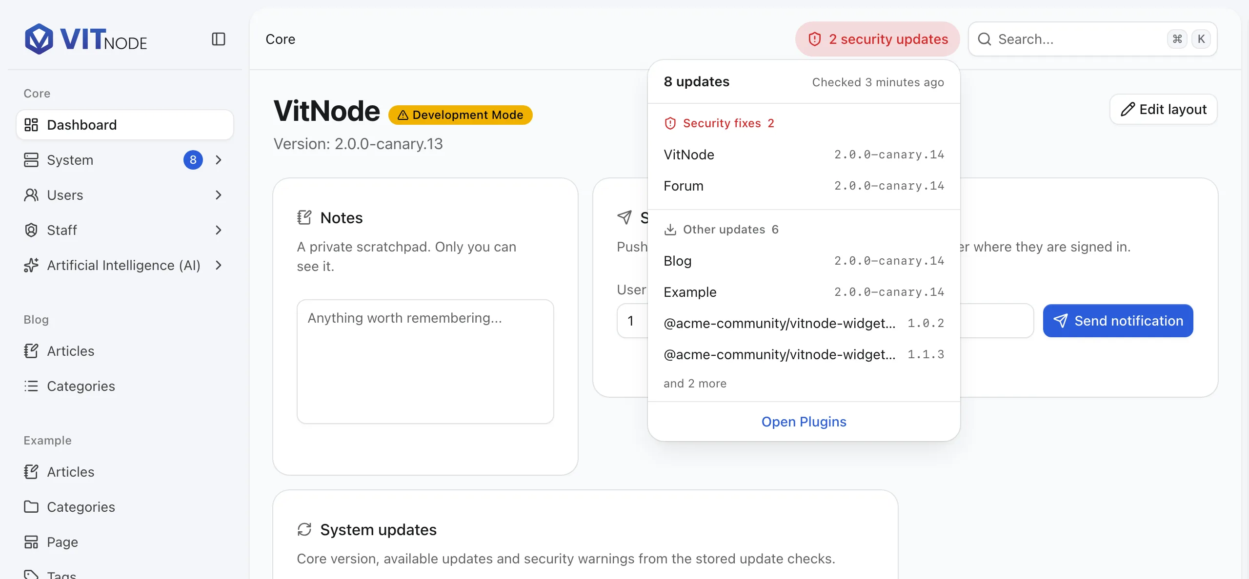 AdminCP dashboard: a red 2 security updates pill sits next to search in the header and is open, listing VitNode and Forum under Security fixes and six packages under Other updates with an Open Plugins link, while the System item in the sidebar shows a count of 8