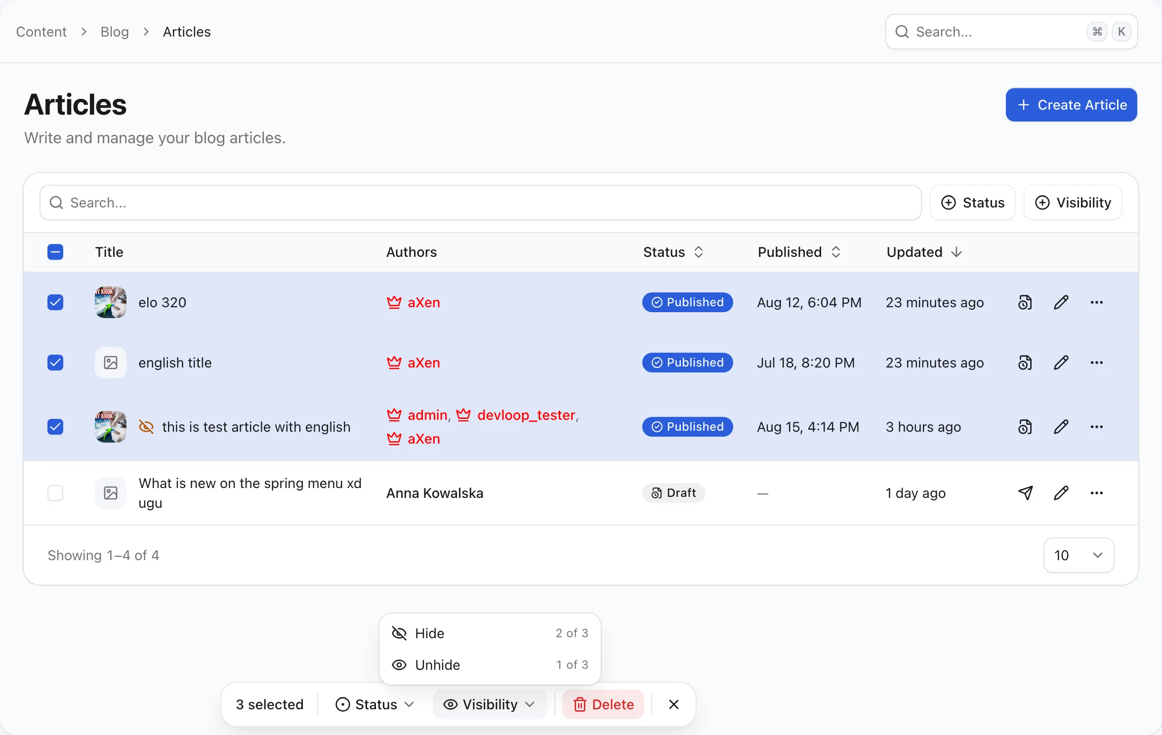 Blog articles list with three rows ticked and the floating bar's Visibility menu open, showing Hide 2 of 3 and Unhide 1 of 3 above 3 selected, Status, Visibility and Delete