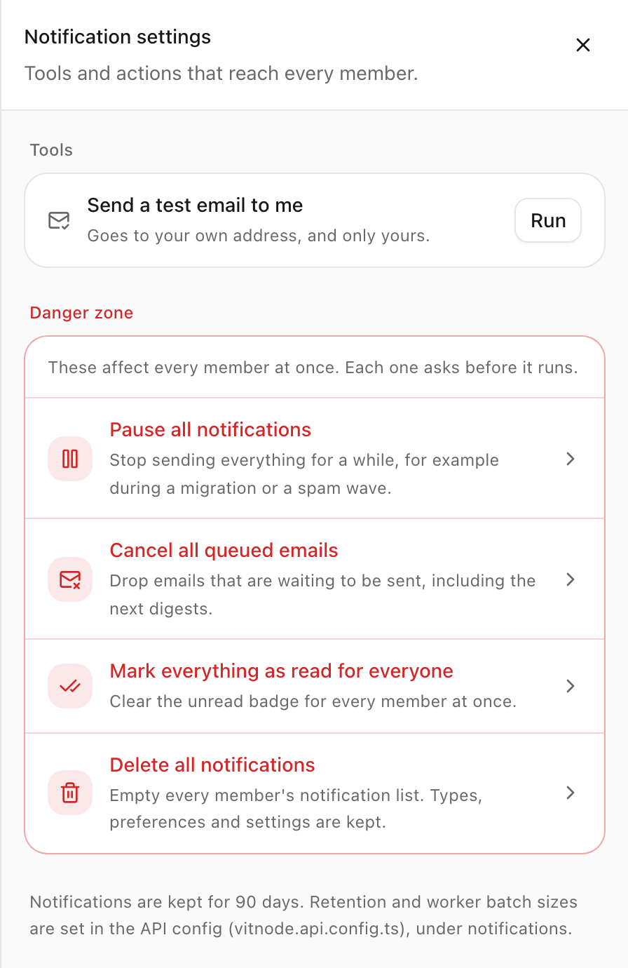 The Notification settings sheet with a Send a test email to me tool and a danger zone listing four actions