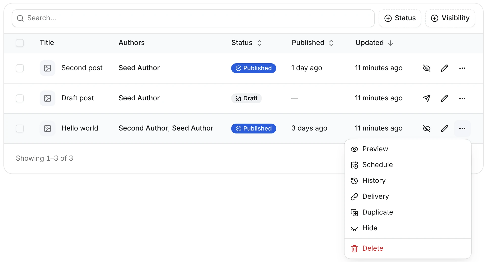 Blog Articles list with Status and Visibility filters and the More actions menu of Hello world open, listing Preview, Schedule, History, Delivery, Duplicate, Hide and Delete