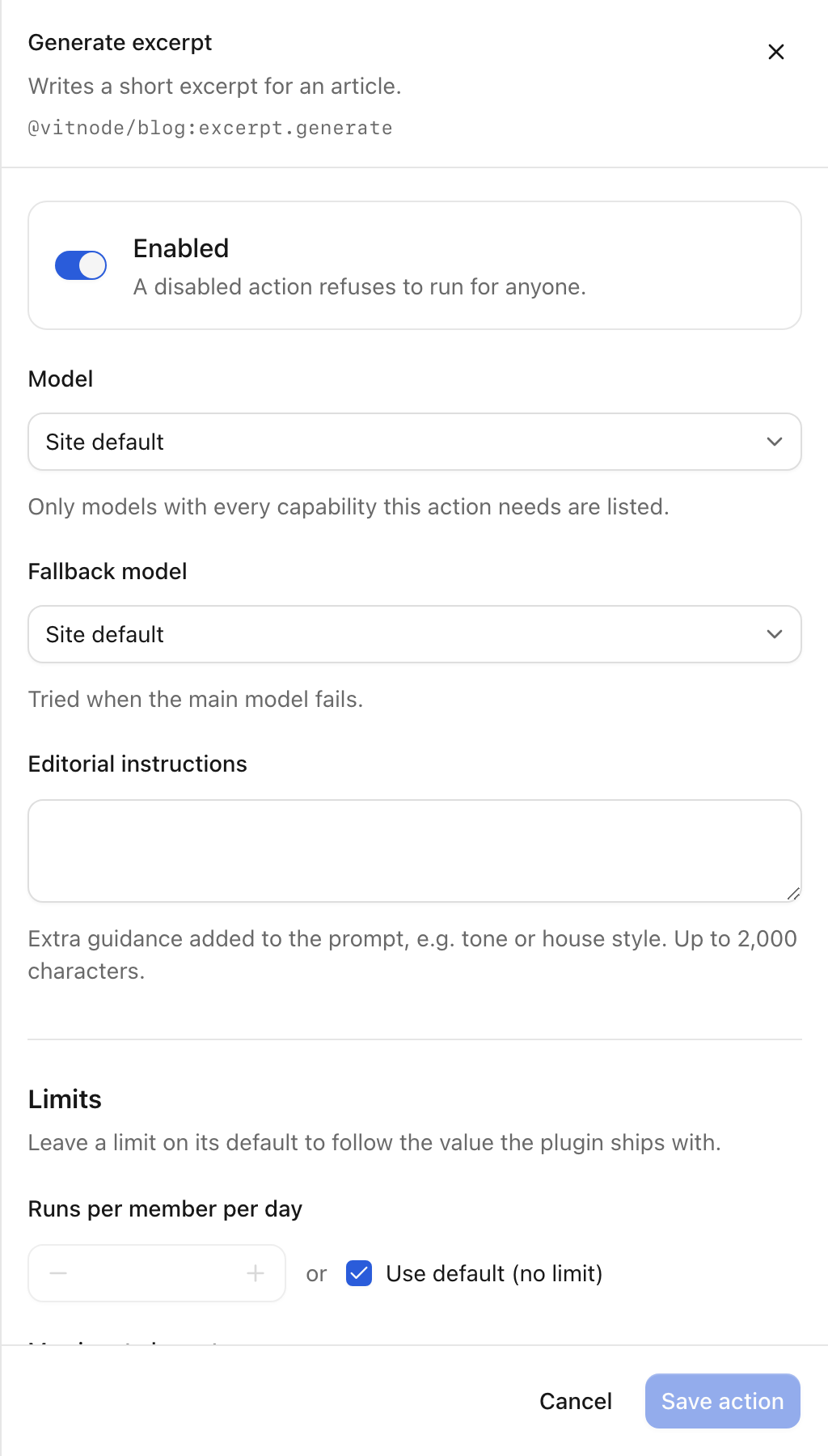 Configure sheet for the Generate excerpt action with the Enabled switch, model and fallback model selects, editorial instructions and the Limits section