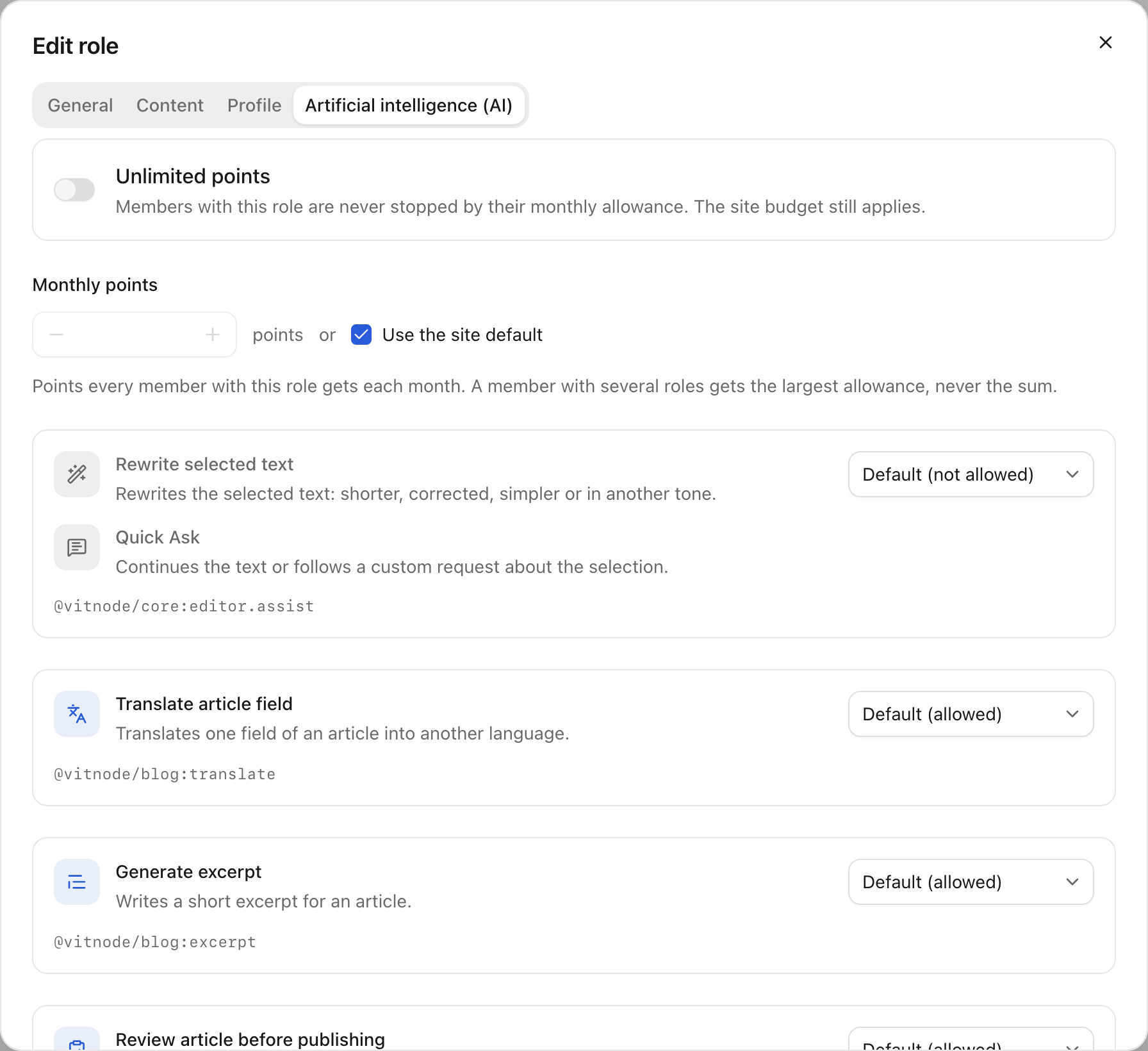 Edit role dialog on the Artificial intelligence (AI) tab with Unlimited points, Monthly points and one row per AI permission with a Default, Allow or Deny select