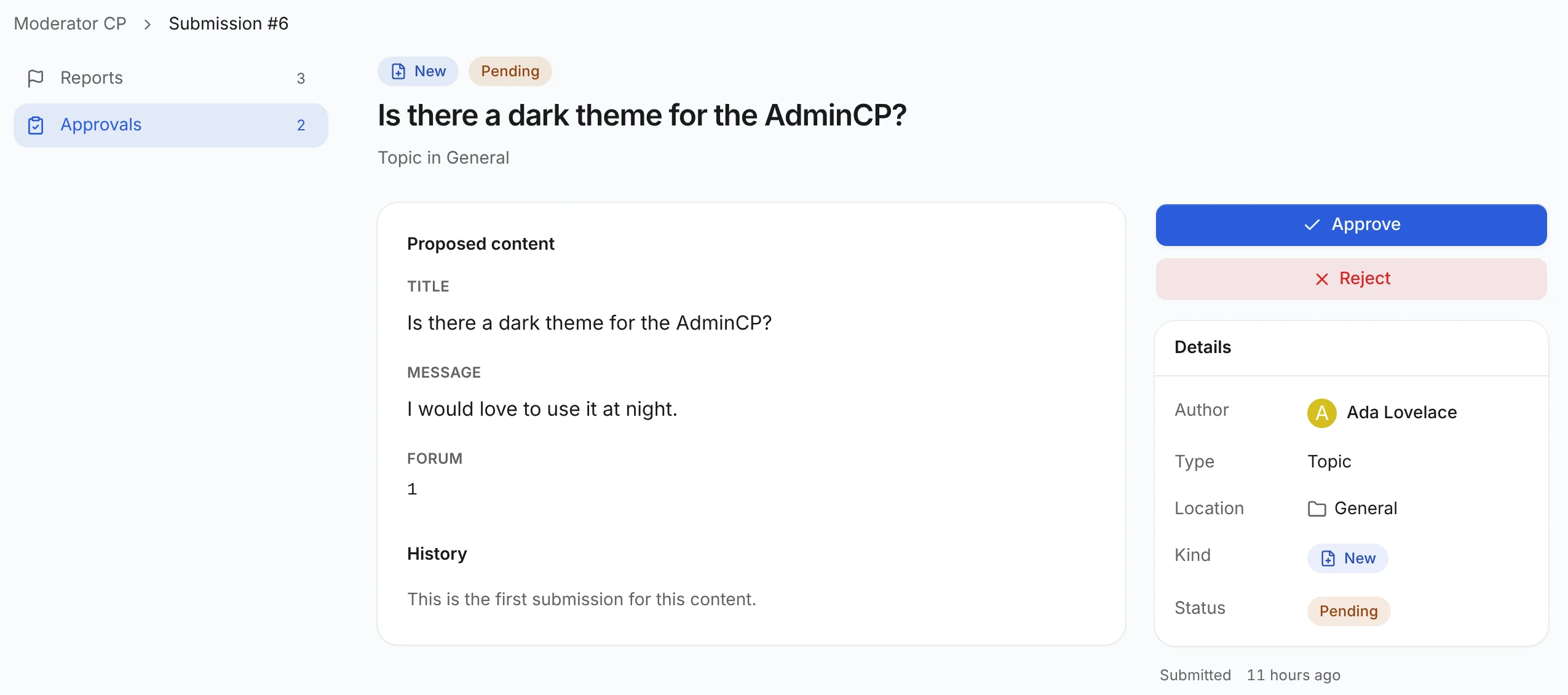 A pending submission in the Moderator CP: the proposed title and message, its history, Approve and Reject buttons, and details with the author, type, location, kind and status