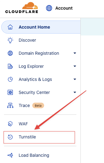 The Cloudflare account sidebar with the Turnstile entry outlined in red, below WAF and above Load Balancing