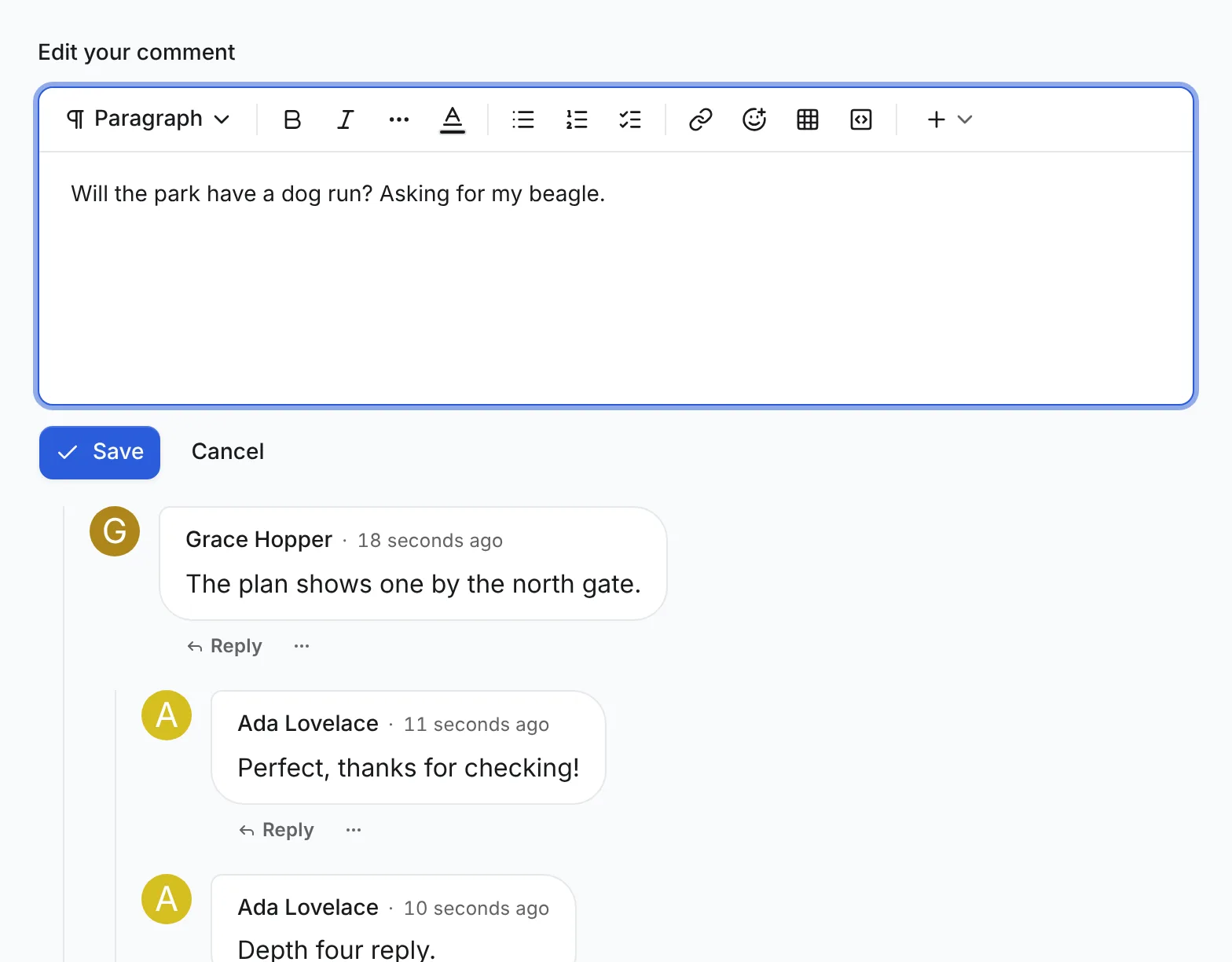 A comment open in the inline editor under the label Edit your comment, with Save and Cancel buttons, above the replies to it