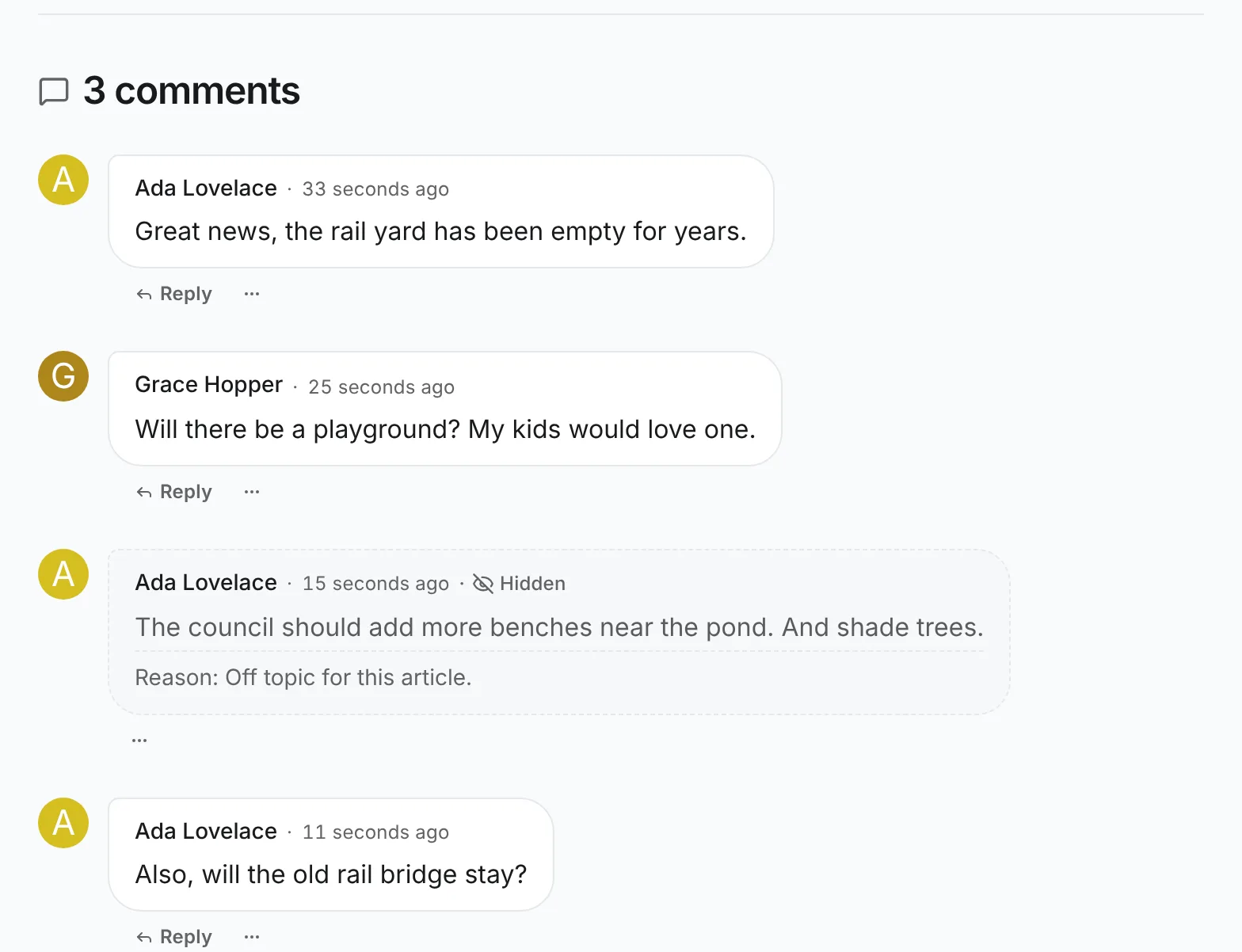 A comment marked Hidden with the reason Off topic for this article, seen by a moderator, above a visible comment