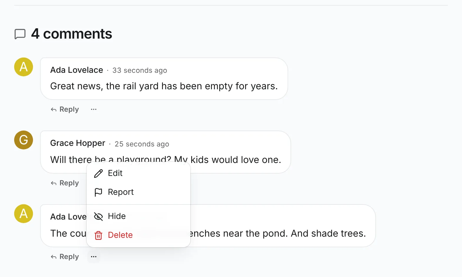The More actions menu open on a comment, with Edit, Report, Hide and Delete, Delete in red