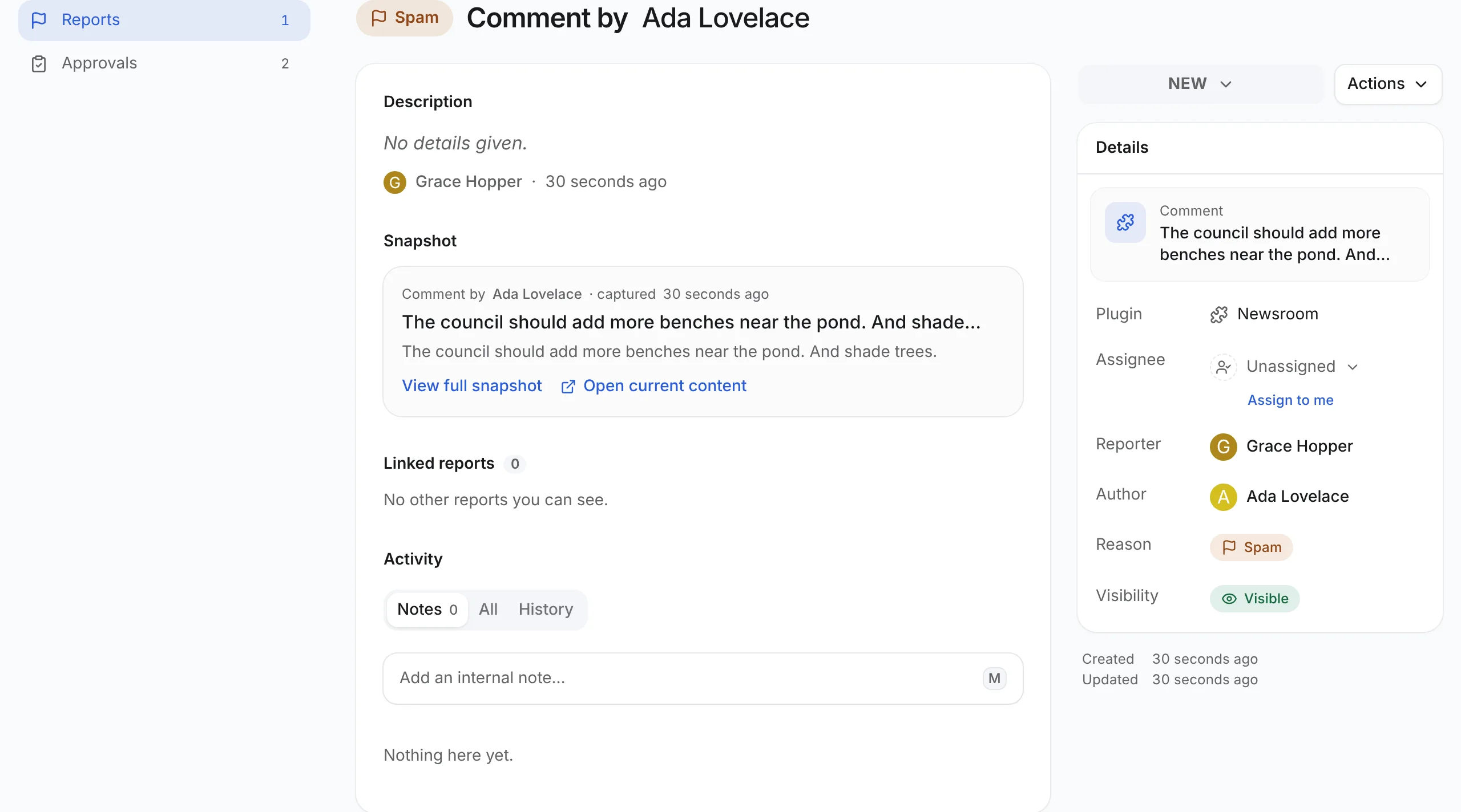 A ModCP report for a comment by Ada Lovelace, reason Spam, with the snapshot of its text and an Open current content link