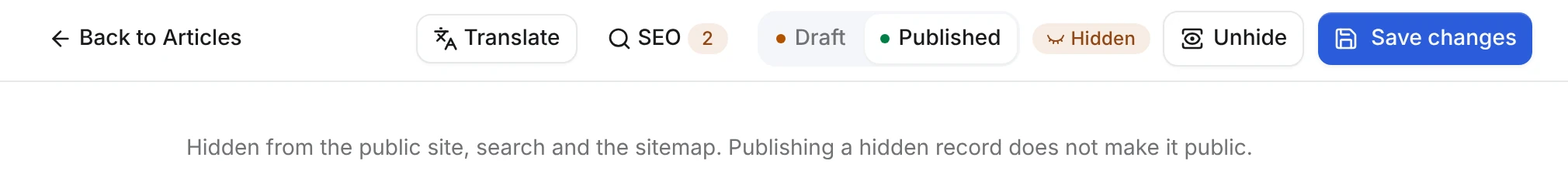 Blog article editor header with the Draft and Published switch, a Hidden badge, an Unhide button and the note Hidden from the public site, search and the sitemap