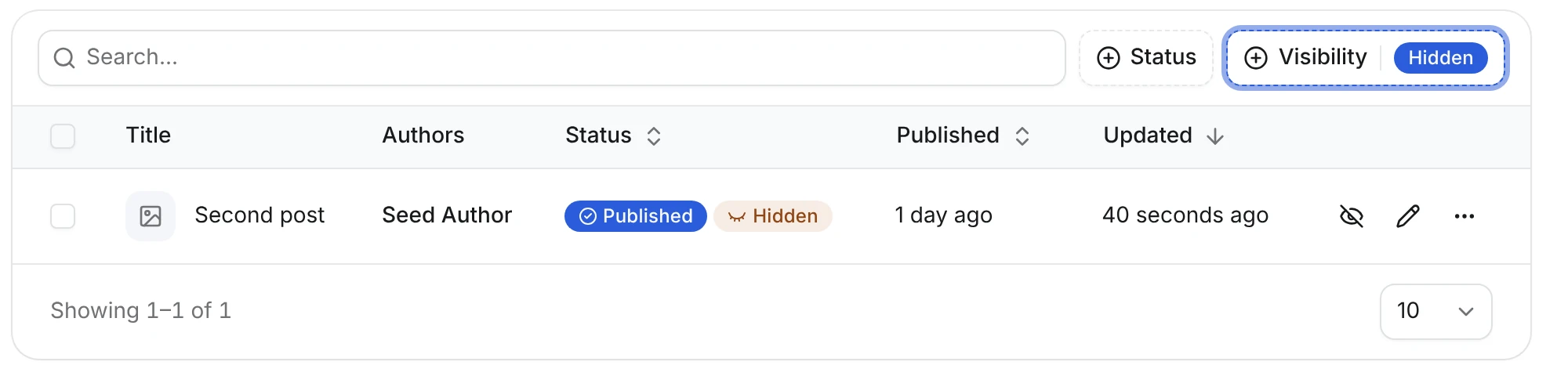 Articles list filtered by Visibility: Hidden, showing Second post with Published and Hidden badges