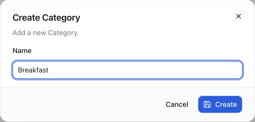 Create Category dialog with a Name input containing Breakfast, and Cancel and Create buttons