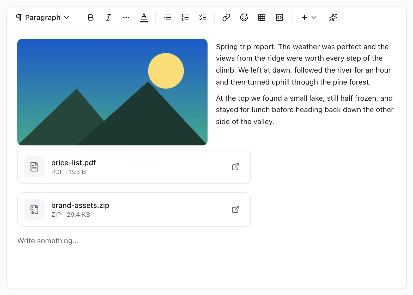 An article in the editor with an image wrapped by text and two attachment cards below it: price-list.pdf and brand-assets.zip, each with its type, size and an open button