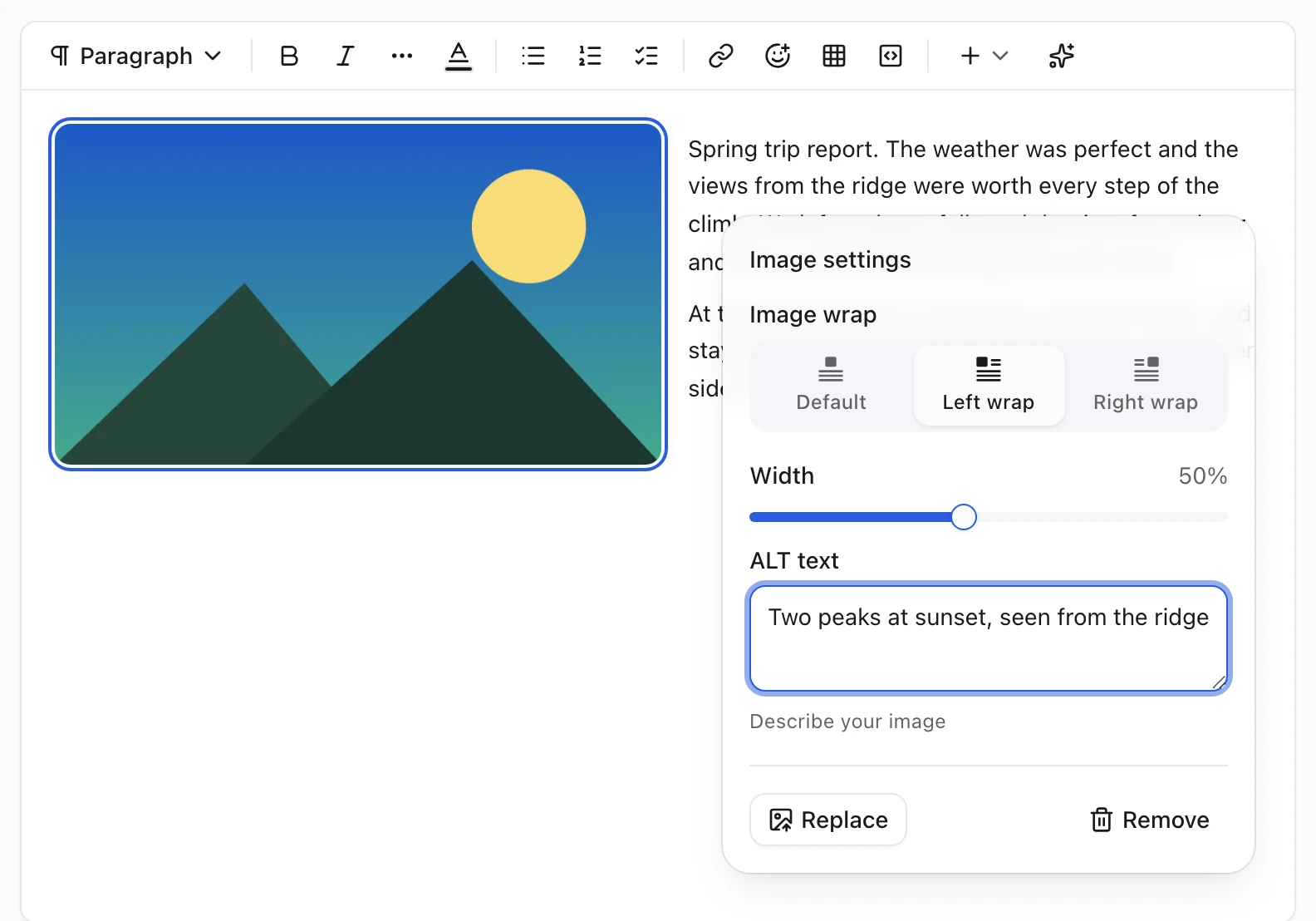 An image wrapped to the left of two paragraphs, with the Image settings popover open: image wrap (Default, Left wrap, Right wrap), width slider, ALT text, Replace and Remove