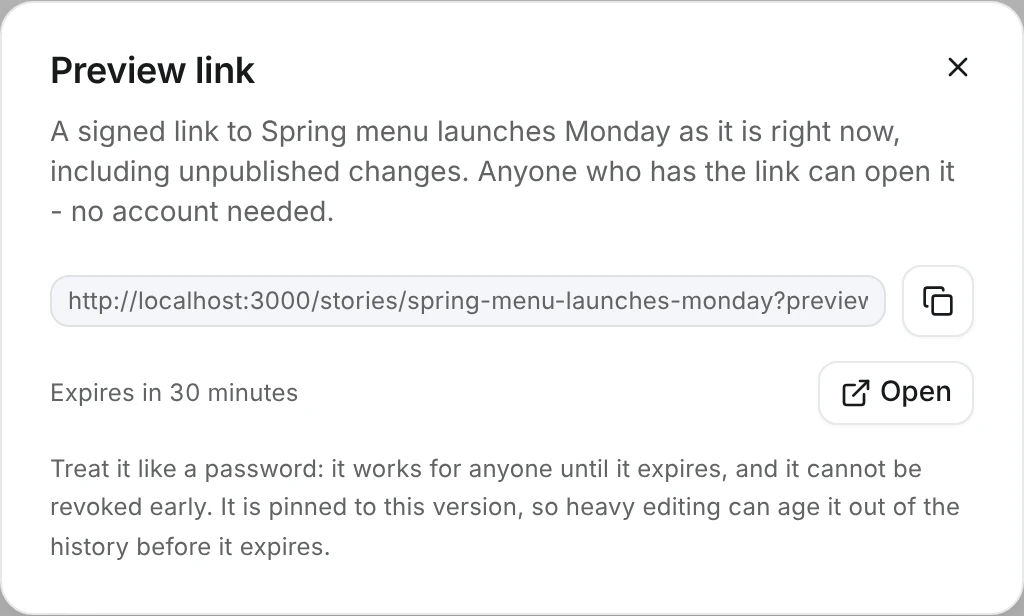 Preview link dialog with a signed link to the Spring menu launches Monday story at /stories/spring-menu-launches-monday, a copy button, an Open button and an Expires in 30 minutes note