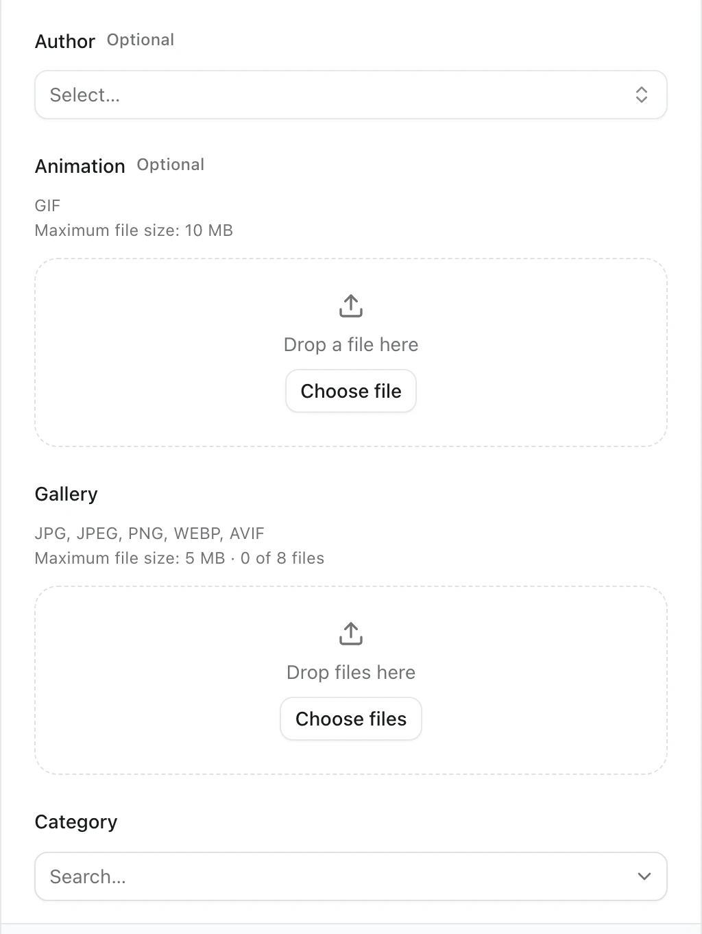 Lower half of the Create Article dialog: an Author select, an Animation dropzone that accepts one GIF up to 10 MB, a Gallery dropzone for up to 8 images and a Category search picker