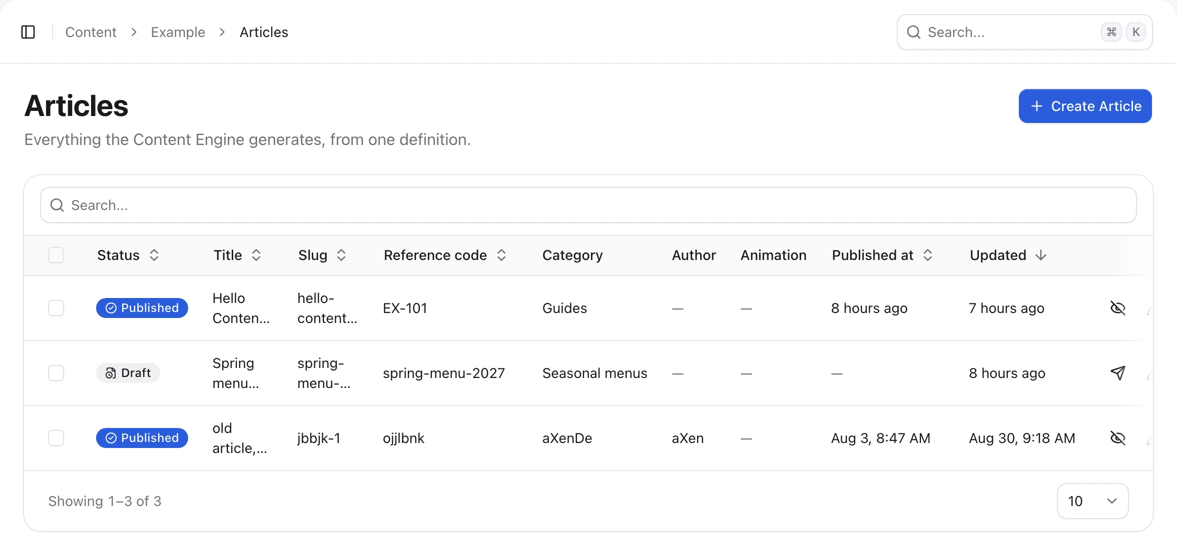 AdminCP Articles list from the example plugin, generated by the Content Engine, with published and draft articles in Status, Title, Slug, Reference code, Category, Author, Published at and Updated columns