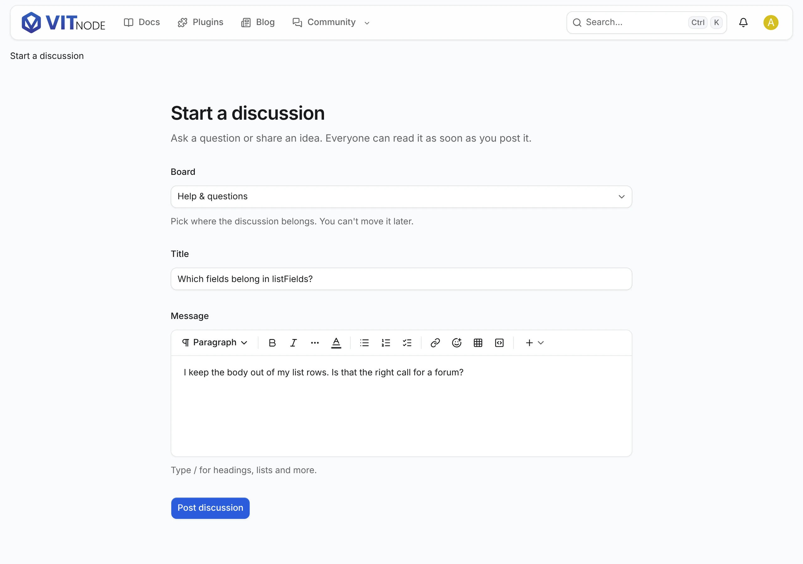 The Start a discussion form with a board, a title and a message editor