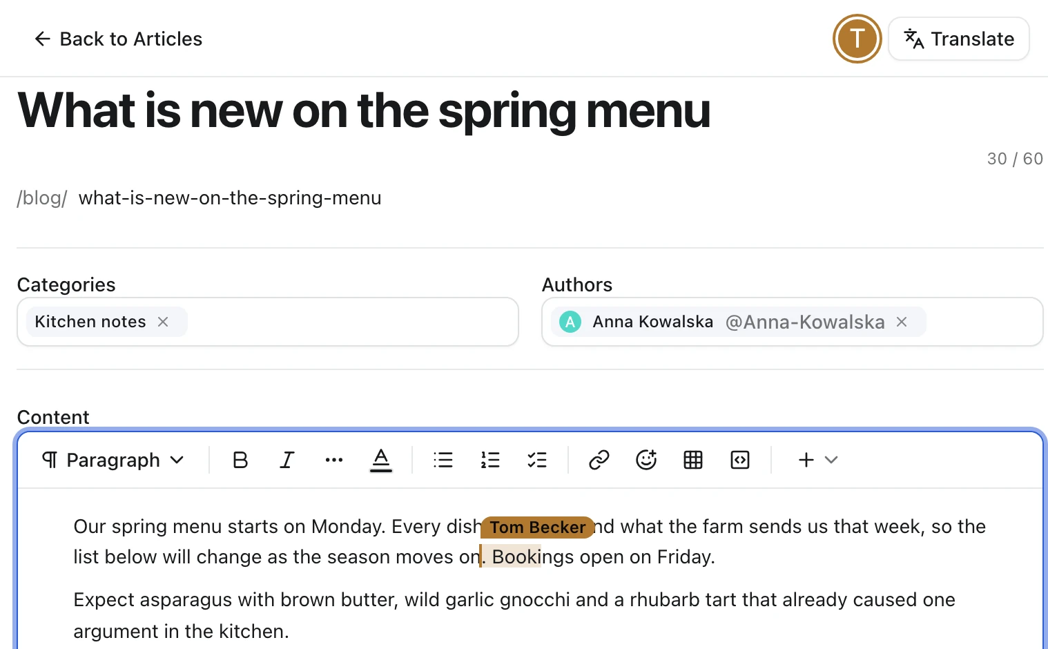 Blog article editor seen by Anna Kowalska: Tom Becker's caret with a name tag in the first paragraph and his selection tinted in his color, with his avatar in the header