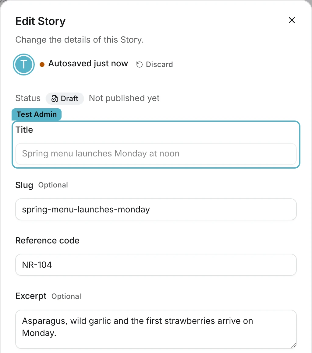 Edit Story dialog as a second editor sees it while Test Admin edits the title: a teal outline with a Test Admin name tag around the dimmed Title field, and the Test Admin avatar with a teal ring in the header