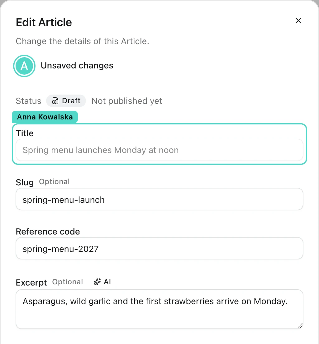 Edit Article dialog as Tom Becker sees it while Anna Kowalska edits the title: a teal outline with an Anna Kowalska name tag around the dimmed Title field, and her avatar with a teal ring in the header