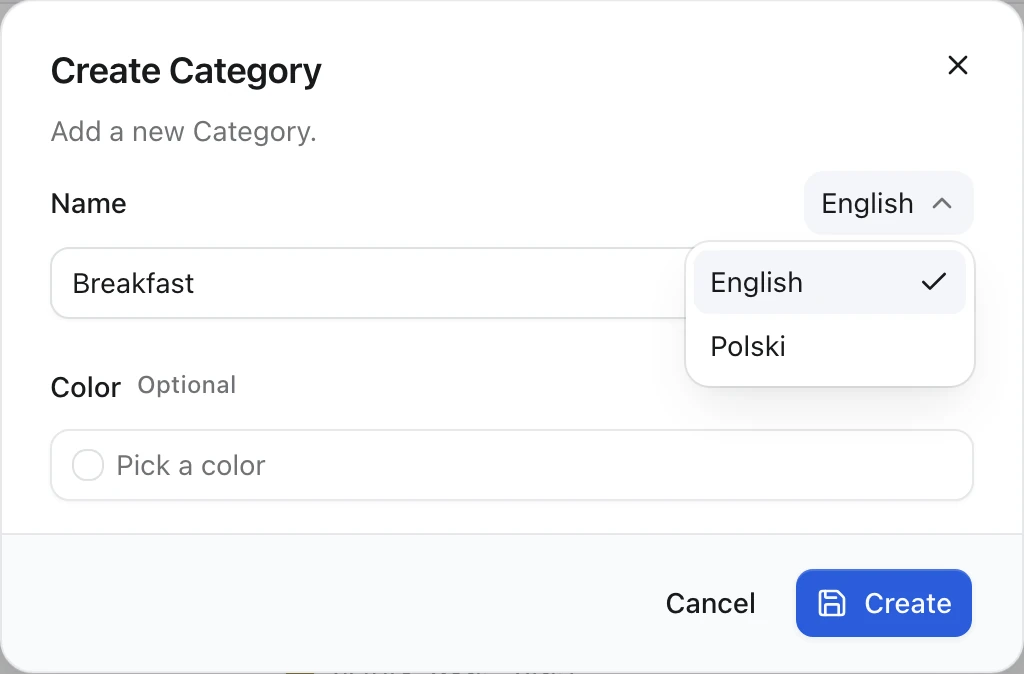 Create Category dialog: the Name input holds Breakfast and its language selector is open with English checked and Polski below