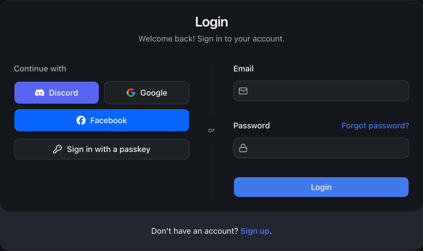 The VitNode login page with a Continue with heading over a blurple Discord button, a neutral Google button with the four-color G and a blue Facebook button, next to the email form