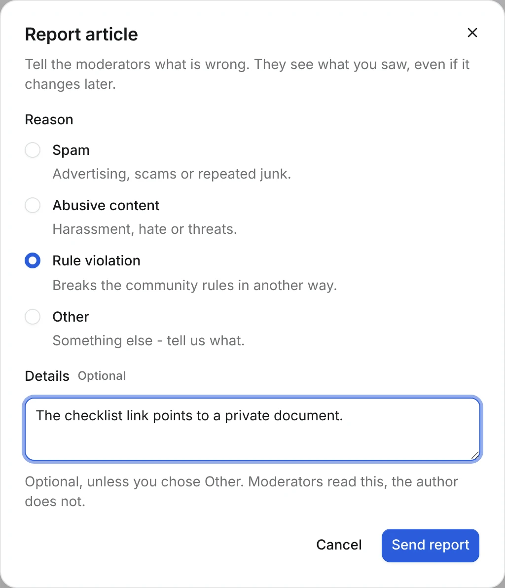 Report article dialog with the reasons Spam, Abusive content, Rule violation and Other, Rule violation selected, a Details text box and Cancel and Send report buttons