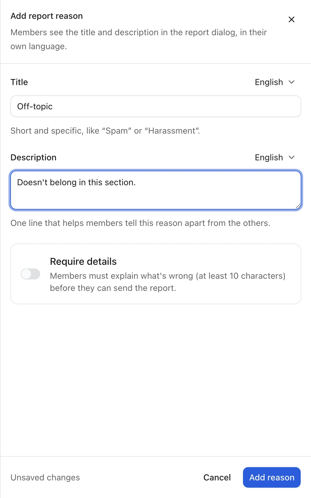 Add report reason panel with an English Title field set to Off-topic, a Description field, a language menu next to each field, a Require details switch and Cancel and Add reason buttons