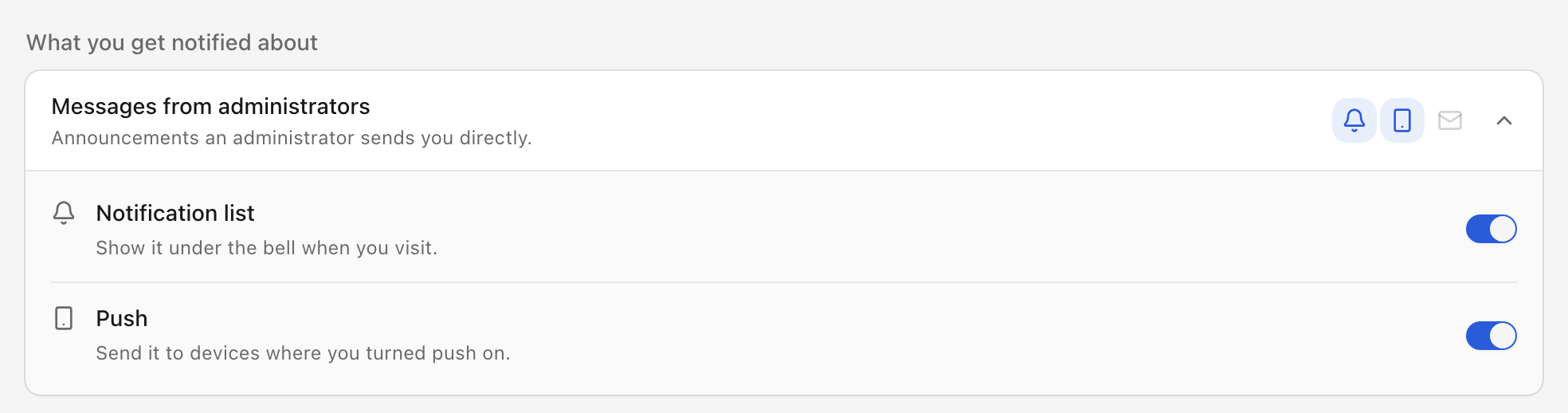 The Messages from administrators row opened on the notification settings page, with Notification list and Push switches turned on