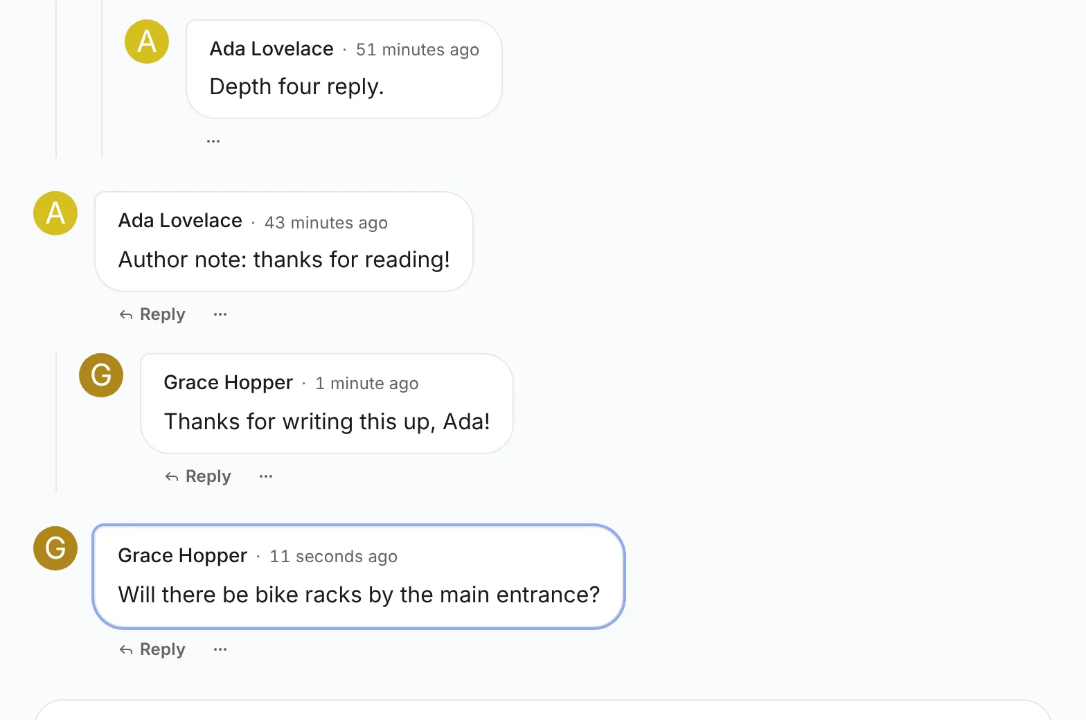 The article's comments on a later page, with Grace Hopper's notified comment outlined below earlier comments and replies