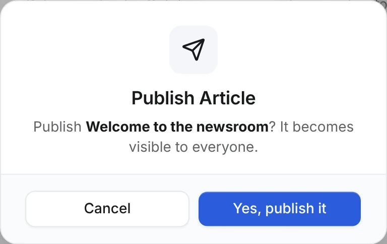 Publish Article dialog asking to publish Welcome to the newsroom, with Cancel and Yes, publish it