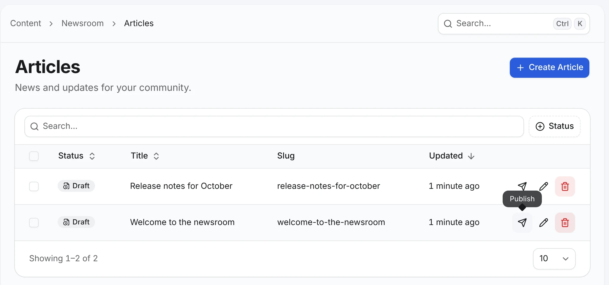 Newsroom Articles list with two Draft articles and the Publish tooltip over the paper plane button