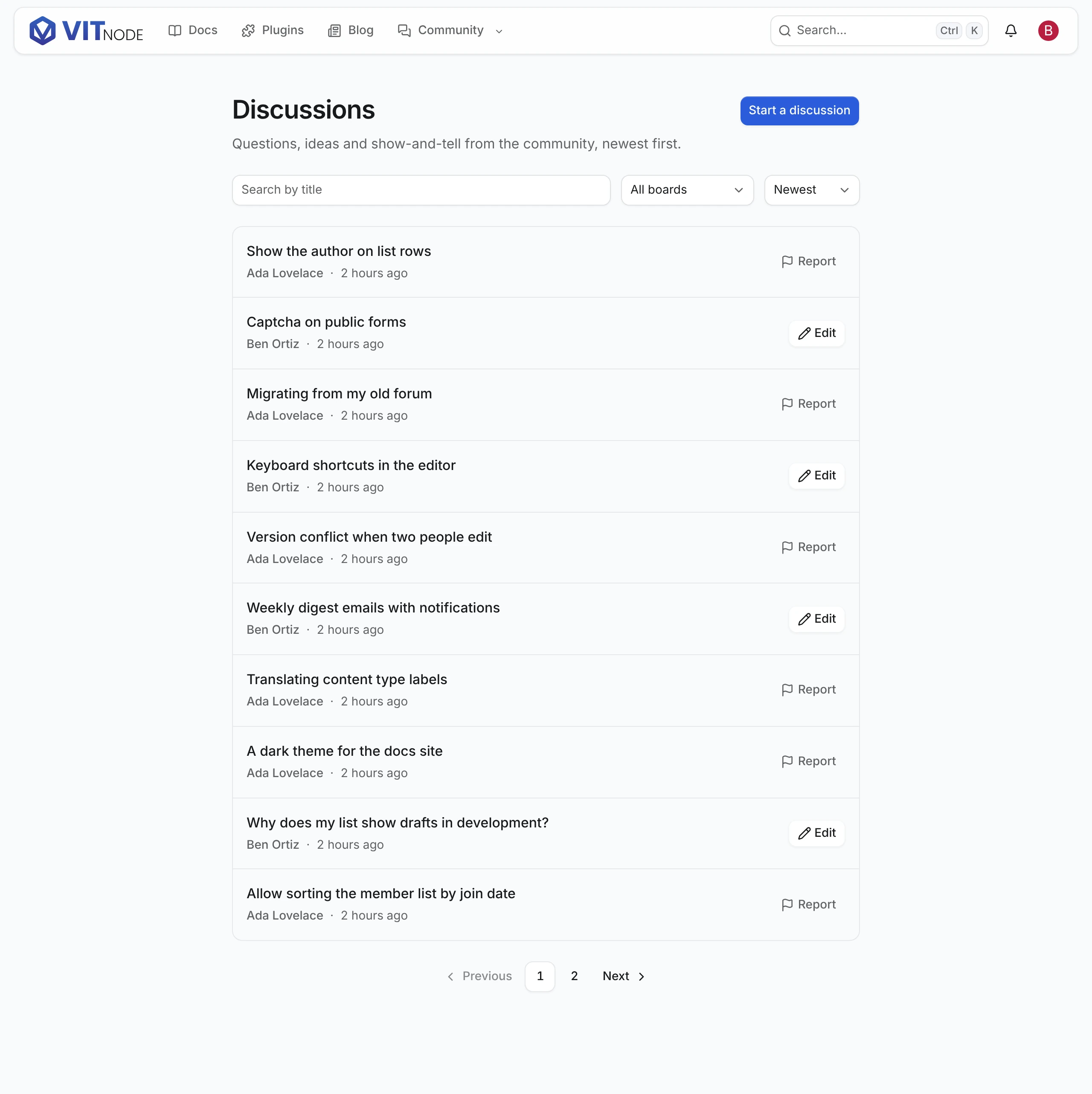 The Discussions page with a search field, board and sort selects, and discussions with their author, date and an Edit or Report button