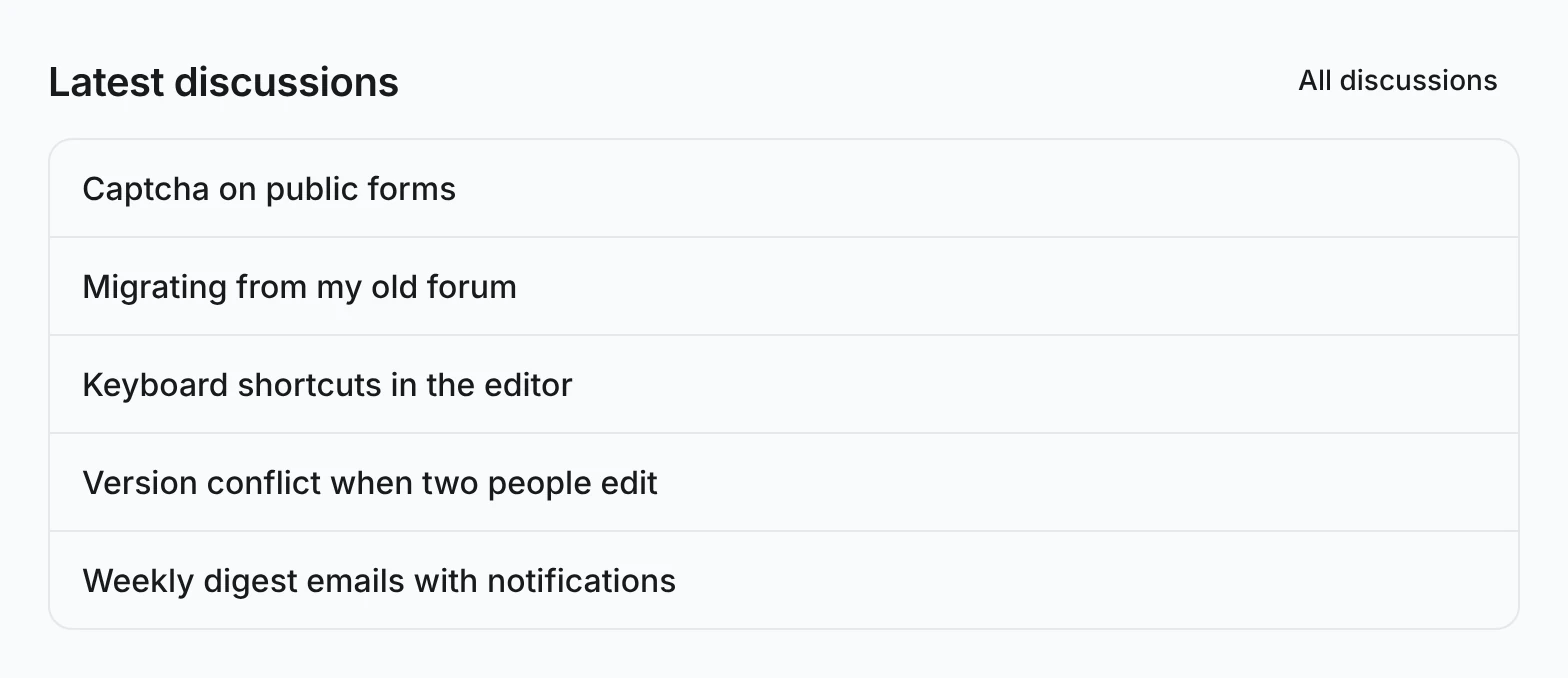 A Latest discussions box with an All discussions link and the five newest discussion titles in a bordered list