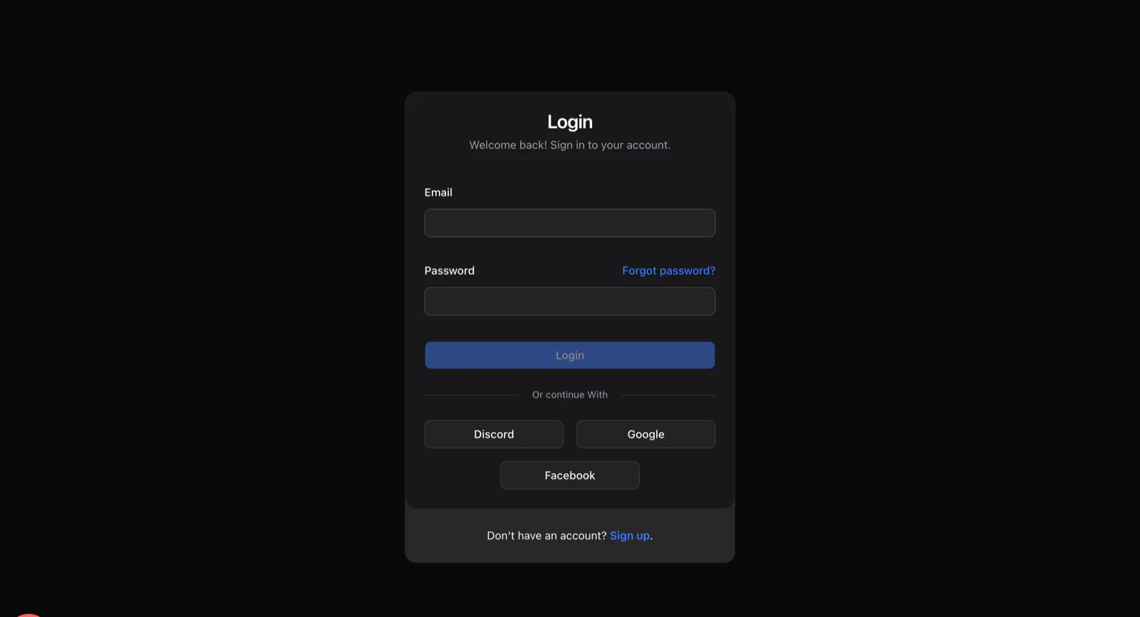 The public sign-in page with email and password fields and Discord, Google and Facebook buttons.